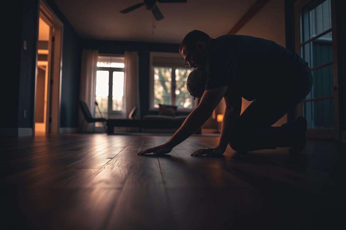 Flooring installer laying luxury vinyl plank flooring in a modern home