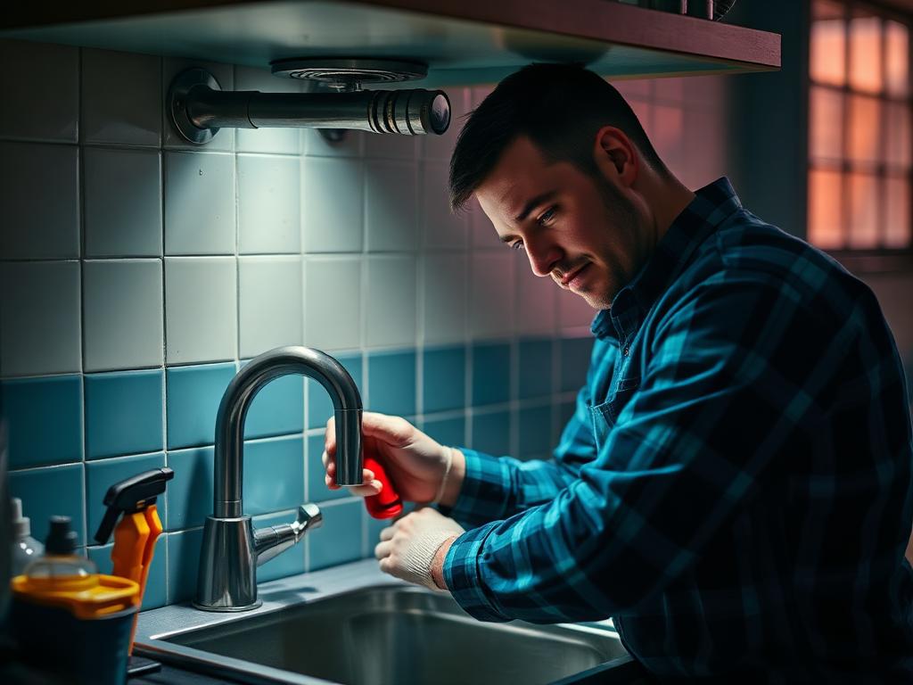 Plumber repairing a kitchen sink faucet during a local service call