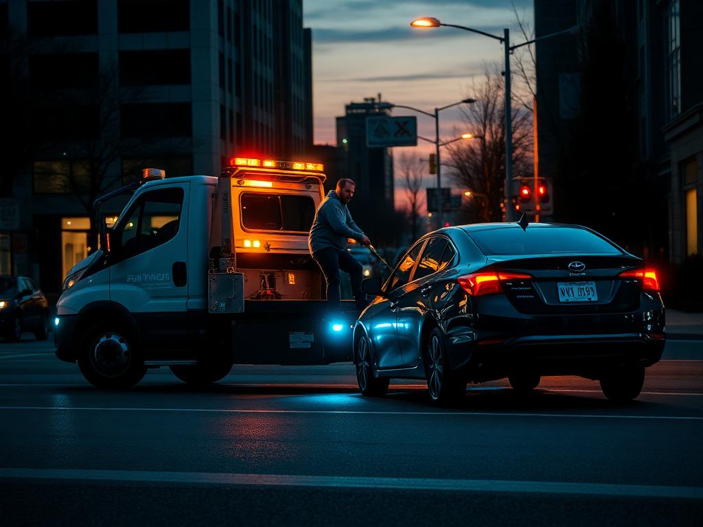 Tow truck operator loading a vehicle on a city street at dusk